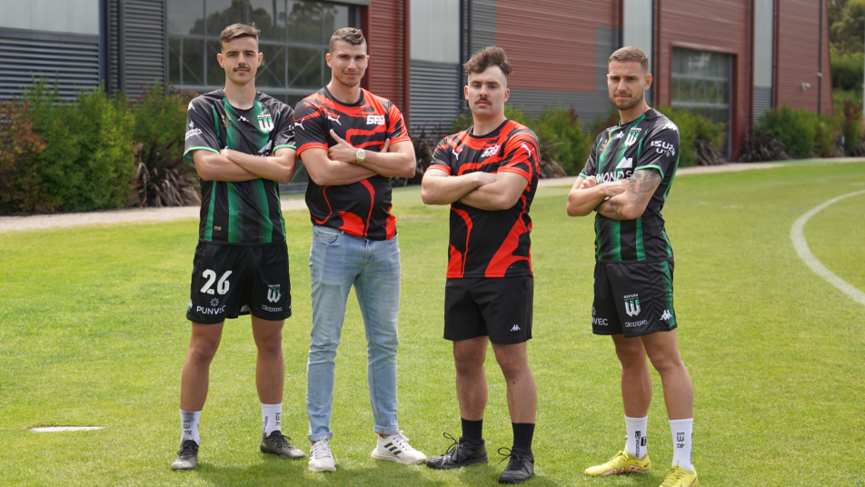 Western United E-League announcement players standing on pitch.